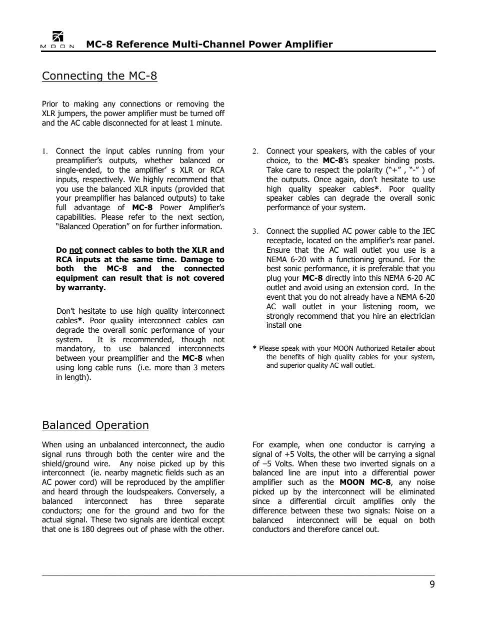 Connecting the mc-8, Balanced operation | Simaudio MC-8 Amplifier User Manual | Page 9 / 16