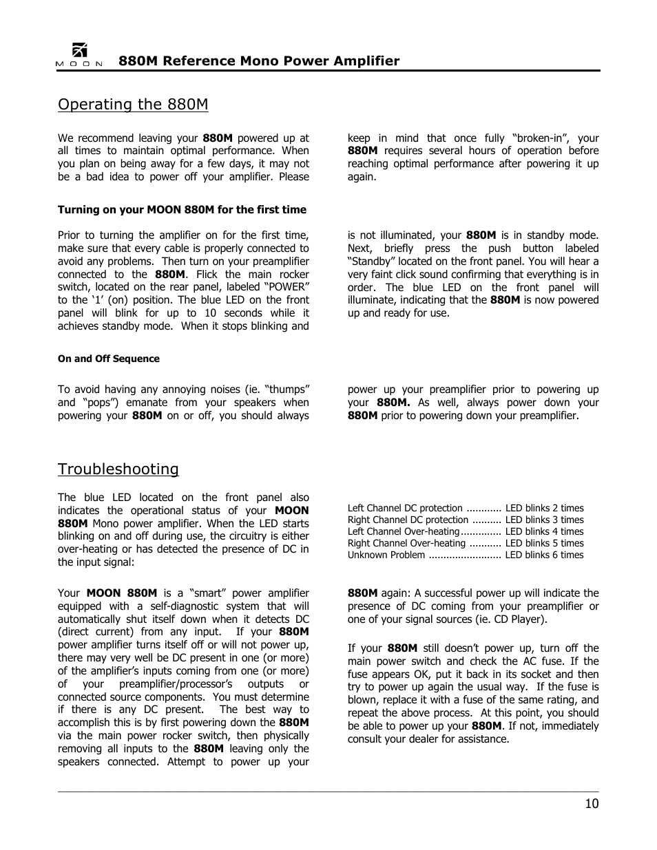 Operating the 880m, Troubleshooting | Simaudio 880M Amplifier User Manual | Page 10 / 16