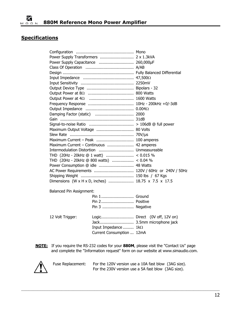 Simaudio 880M Amplifier User Manual | Page 12 / 16