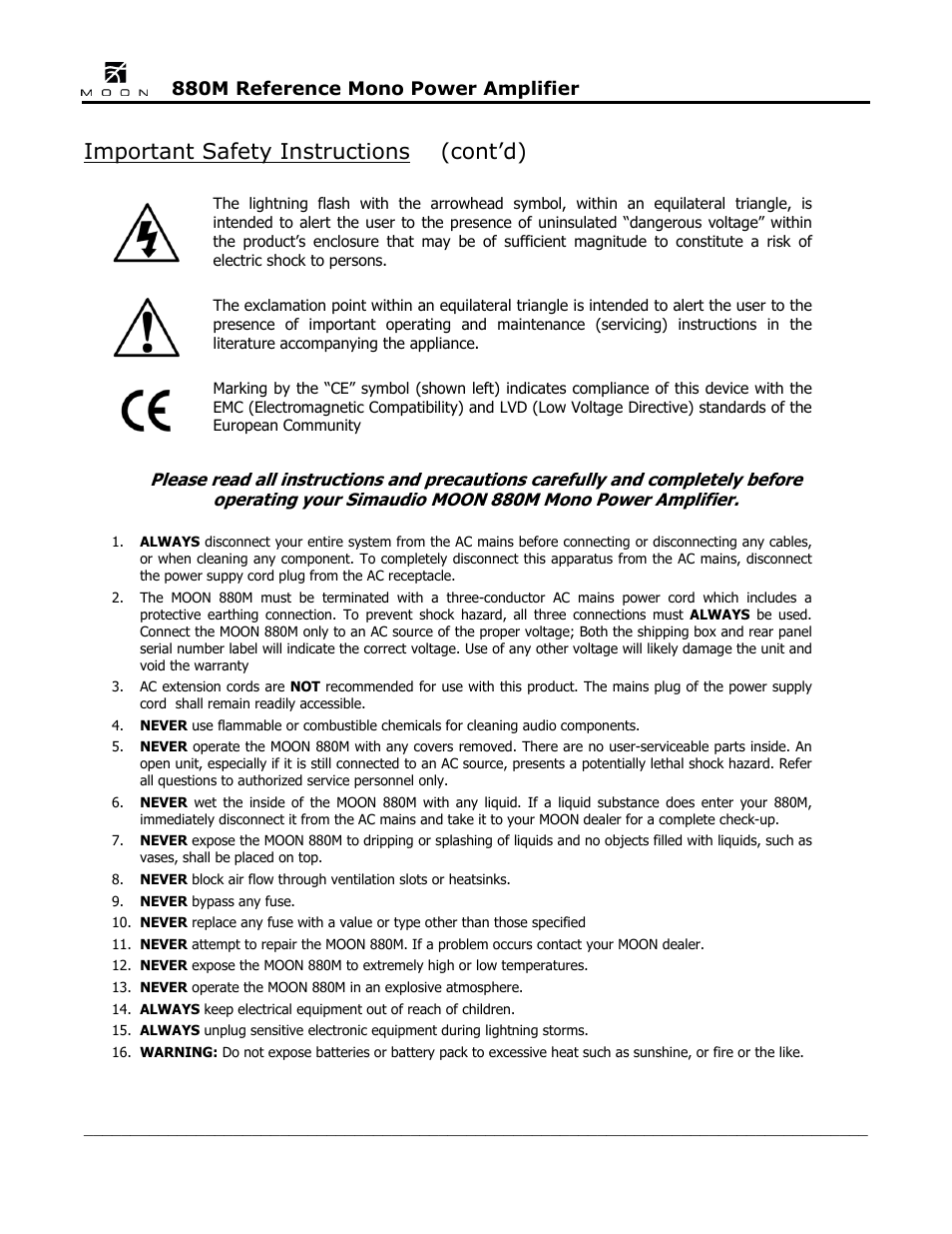 Important safety instructions (cont’d) | Simaudio 880M Amplifier User Manual | Page 4 / 16