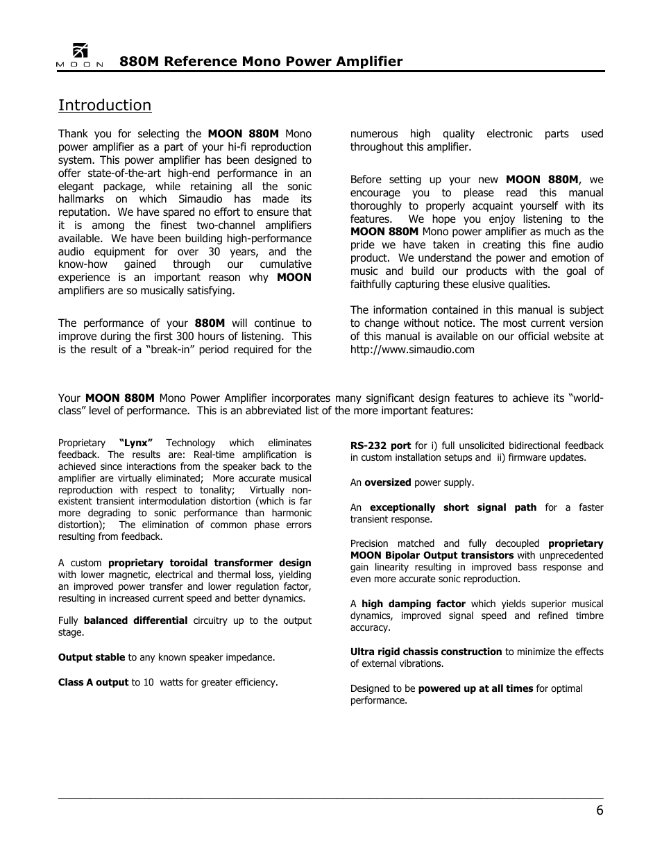 Introduction, 880m reference mono power amplifier | Simaudio 880M Amplifier User Manual | Page 6 / 16