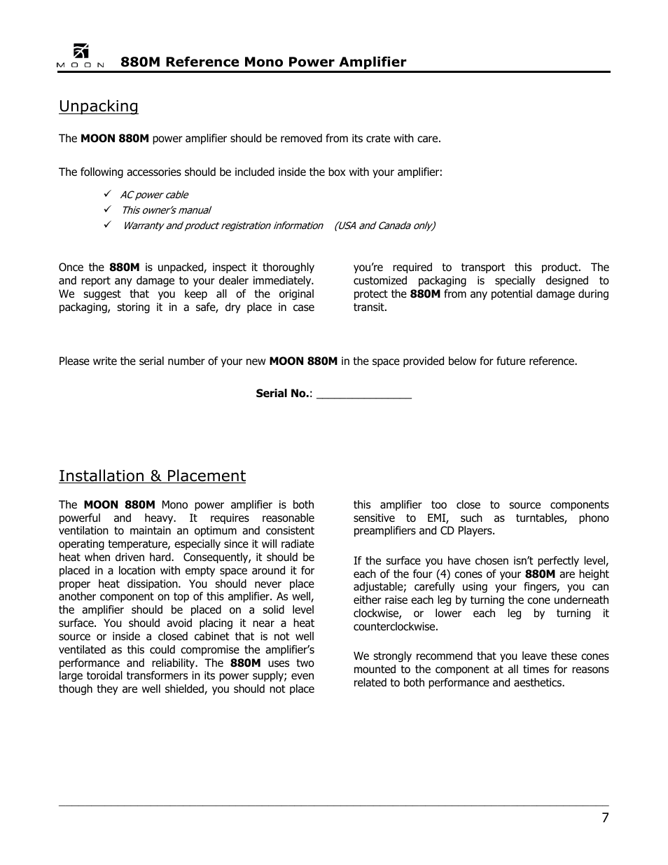 Unpacking, Installation & placement | Simaudio 880M Amplifier User Manual | Page 7 / 16