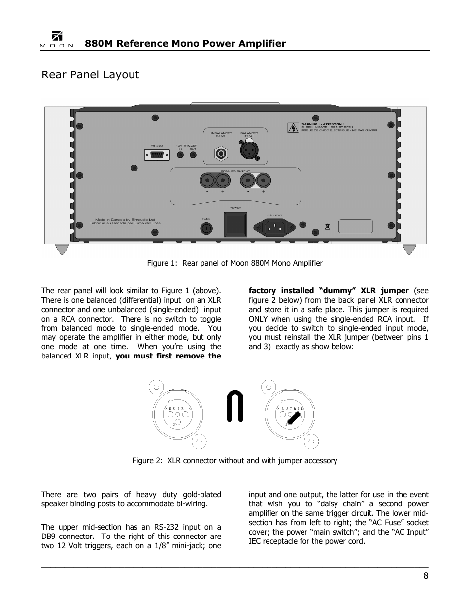 Rear panel layout | Simaudio 880M Amplifier User Manual | Page 8 / 16