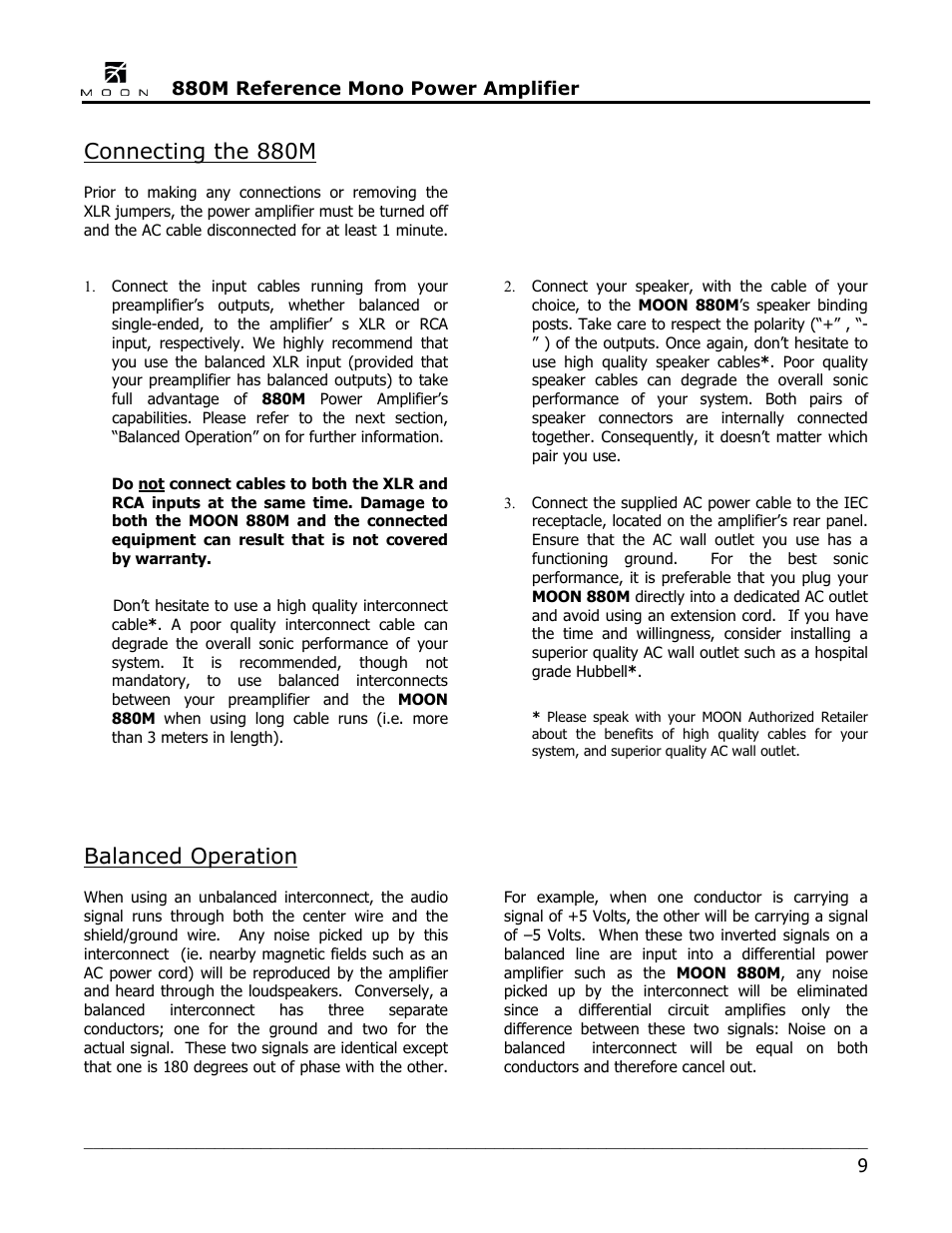 Connecting the 880m, Balanced operation | Simaudio 880M Amplifier User Manual | Page 9 / 16