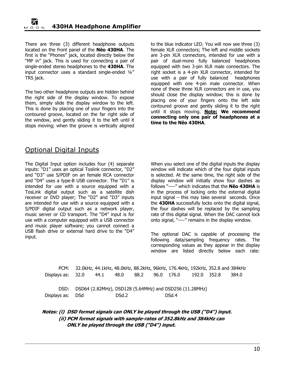 Optional digital inputs | Simaudio Neo 430HA Headphone Amplifier User Manual | Page 10 / 20