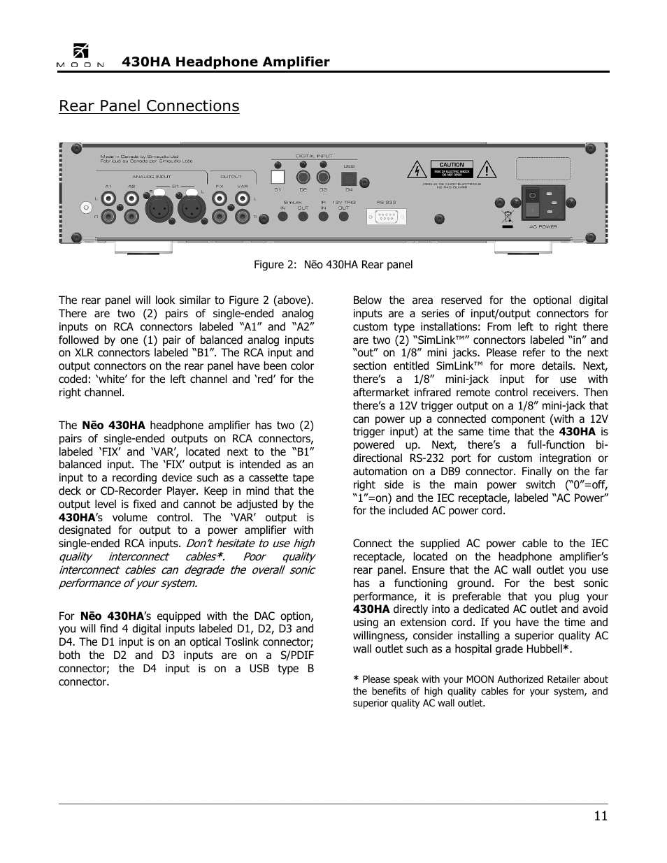 Rear panel connections | Simaudio Neo 430HA Headphone Amplifier User Manual | Page 11 / 20