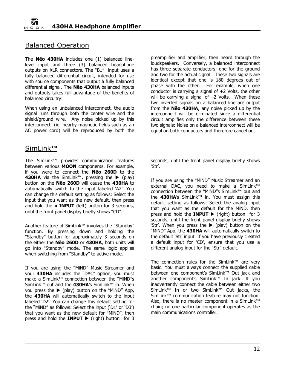 Balanced operation, Simlink | Simaudio Neo 430HA Headphone Amplifier User Manual | Page 12 / 20