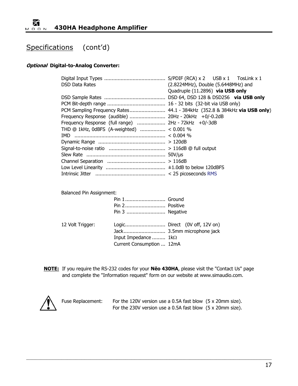 Specifications (cont’d) | Simaudio Neo 430HA Headphone Amplifier User Manual | Page 17 / 20