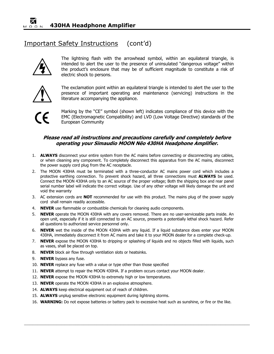 Important safety instructions (cont’d) | Simaudio Neo 430HA Headphone Amplifier User Manual | Page 4 / 20
