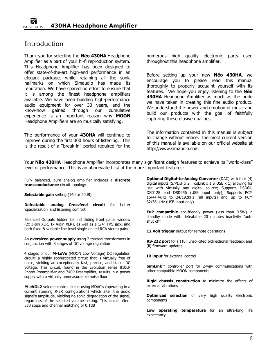 Introduction, 430ha headphone amplifier | Simaudio Neo 430HA Headphone Amplifier User Manual | Page 6 / 20