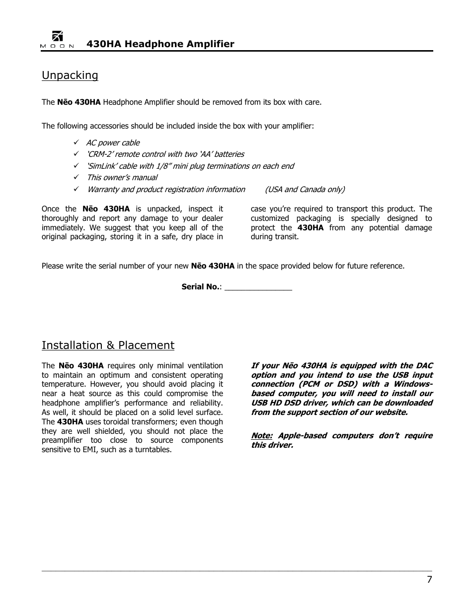 Unpacking, Installation & placement | Simaudio Neo 430HA Headphone Amplifier User Manual | Page 7 / 20
