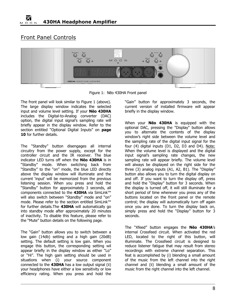 Front panel controls | Simaudio Neo 430HA Headphone Amplifier User Manual | Page 8 / 20
