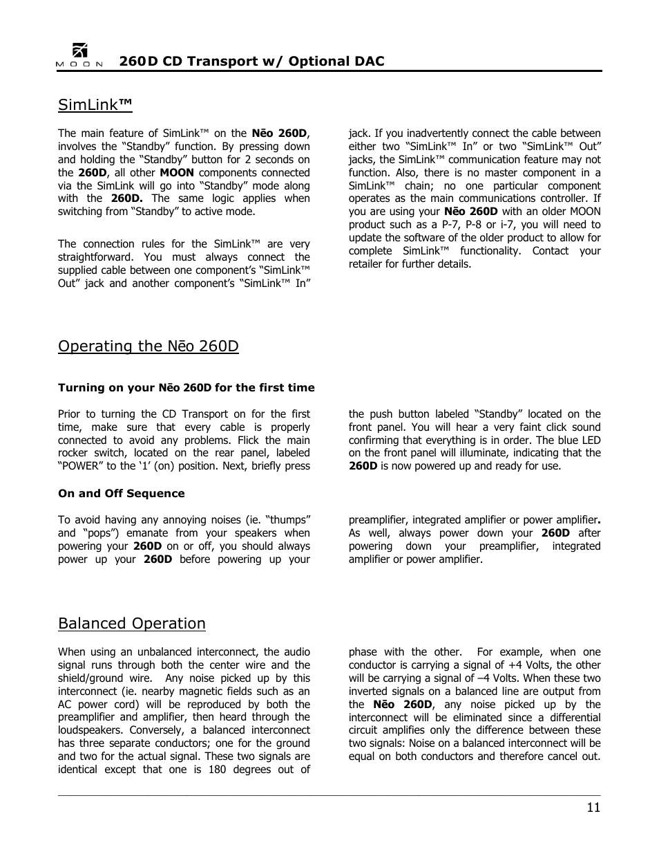 Simlink, Operating the nēo 260d, Balanced operation | Simaudio Neo 260D CD Transport / DAC User Manual | Page 11 / 16