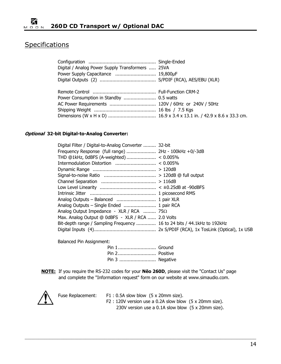 Specifications | Simaudio Neo 260D CD Transport / DAC User Manual | Page 14 / 16