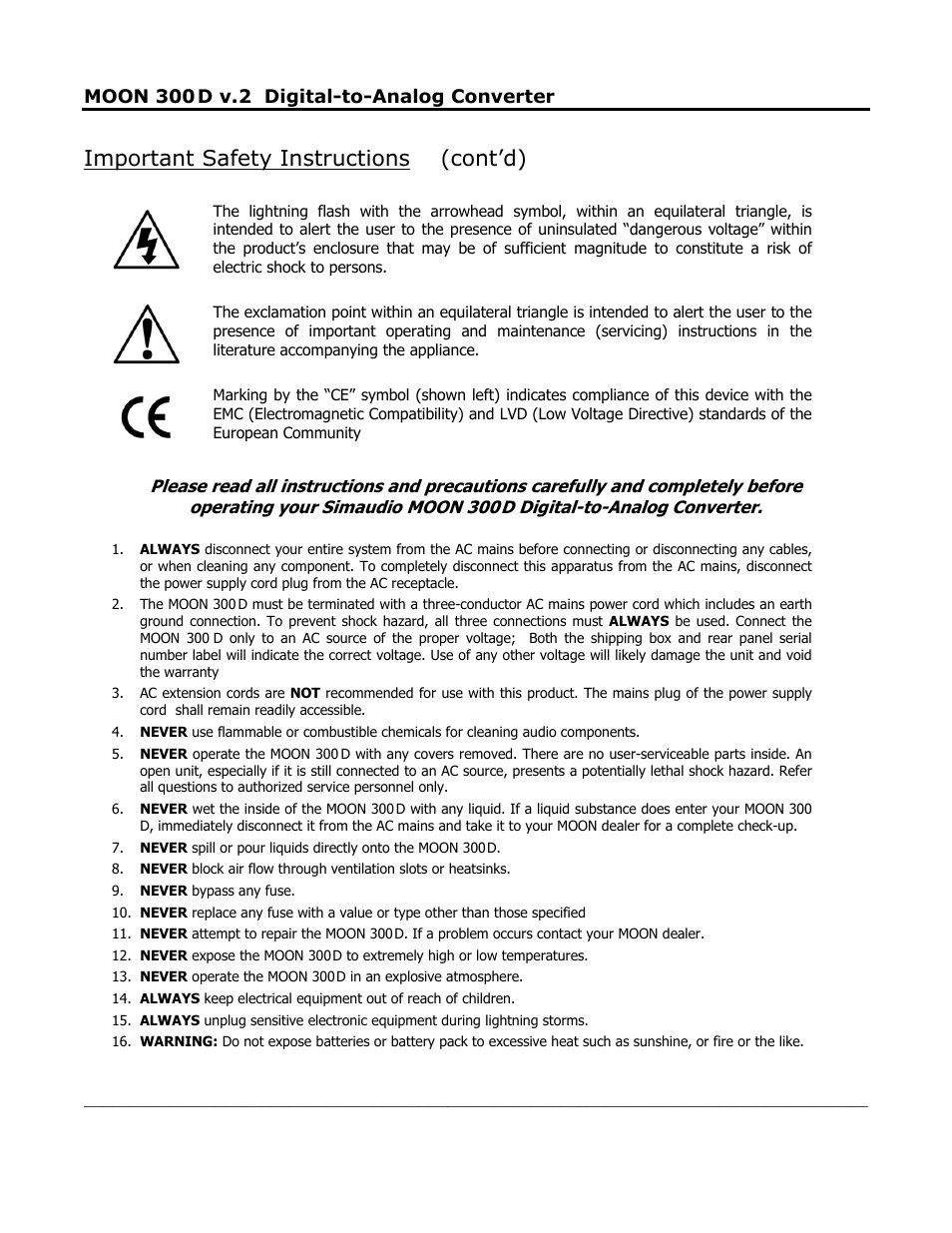 Important safety instructions (cont’d), Moon 300, D v.2 digital-to-analog converter | D digital-to-analog converter | Simaudio 300D v.2 DAC User Manual | Page 3 / 10