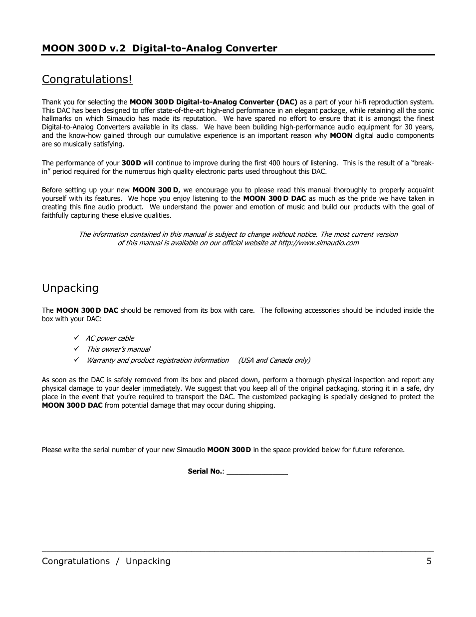 Unpacking, Moon 300, D v.2 digital-to-analog converter | Simaudio 300D v.2 DAC User Manual | Page 5 / 10