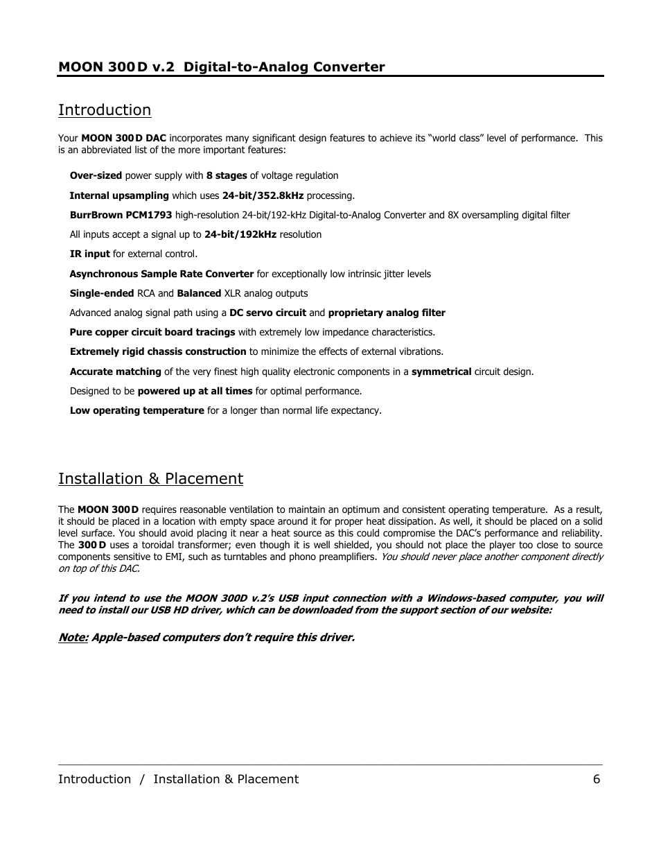 Introduction, Installation & placement, Moon 300 | D v.2 digital-to-analog converter | Simaudio 300D v.2 DAC User Manual | Page 6 / 10