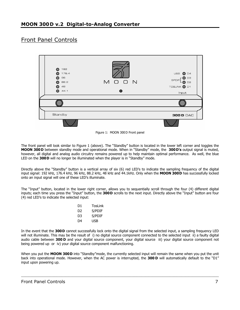 Front panel controls, Moon 300, D v.2 digital-to-analog converter | Simaudio 300D v.2 DAC User Manual | Page 7 / 10