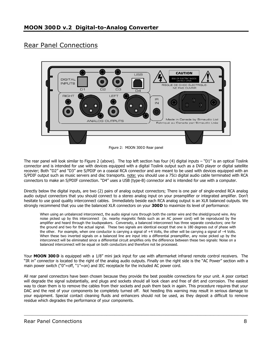 Rear panel connections, Moon 300, D v.2 digital-to-analog converter | Simaudio 300D v.2 DAC User Manual | Page 8 / 10