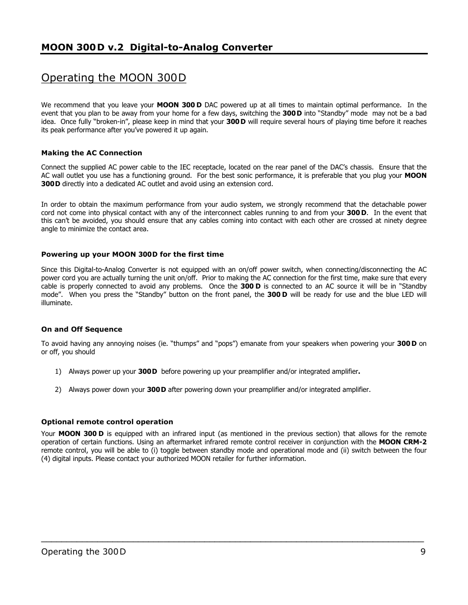 Operating the moon 300, Moon 300, D v.2 digital-to-analog converter | Operating the 300 | Simaudio 300D v.2 DAC User Manual | Page 9 / 10