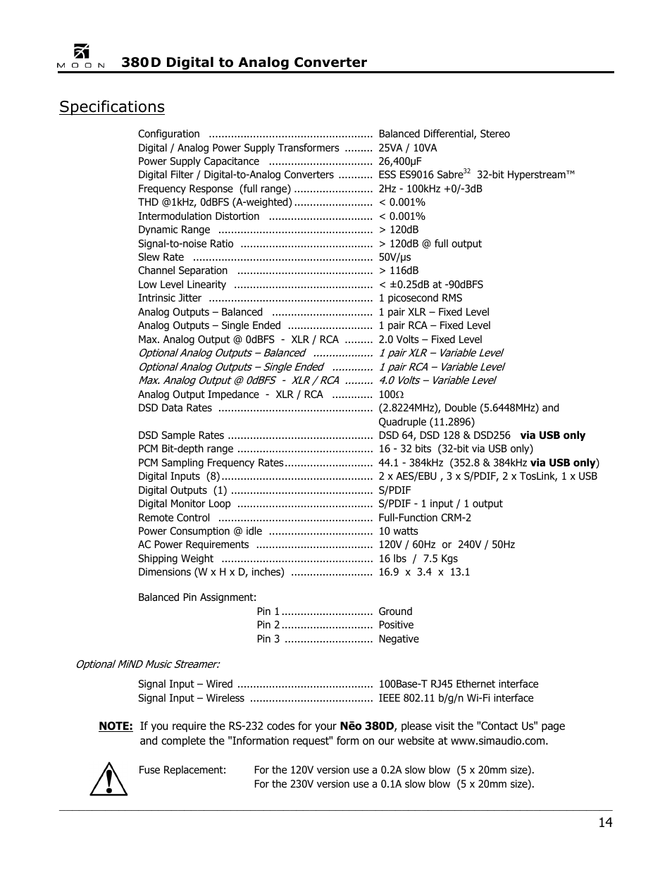 Specifications, D digital to analog converter | Simaudio Neo 380D DSD DAC User Manual | Page 14 / 16