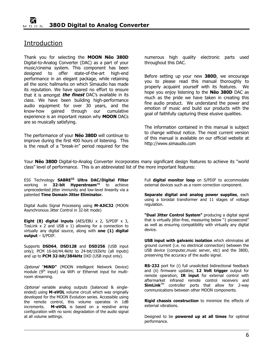 Introduction, D digital to analog converter | Simaudio Neo 380D DSD DAC User Manual | Page 6 / 16