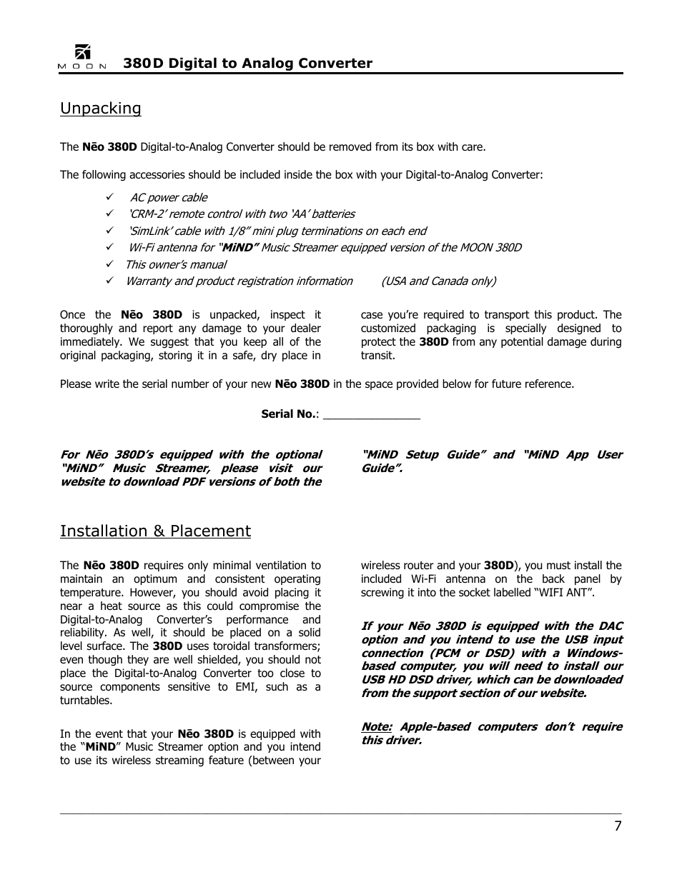 Unpacking, Installation & placement | Simaudio Neo 380D DSD DAC User Manual | Page 7 / 16