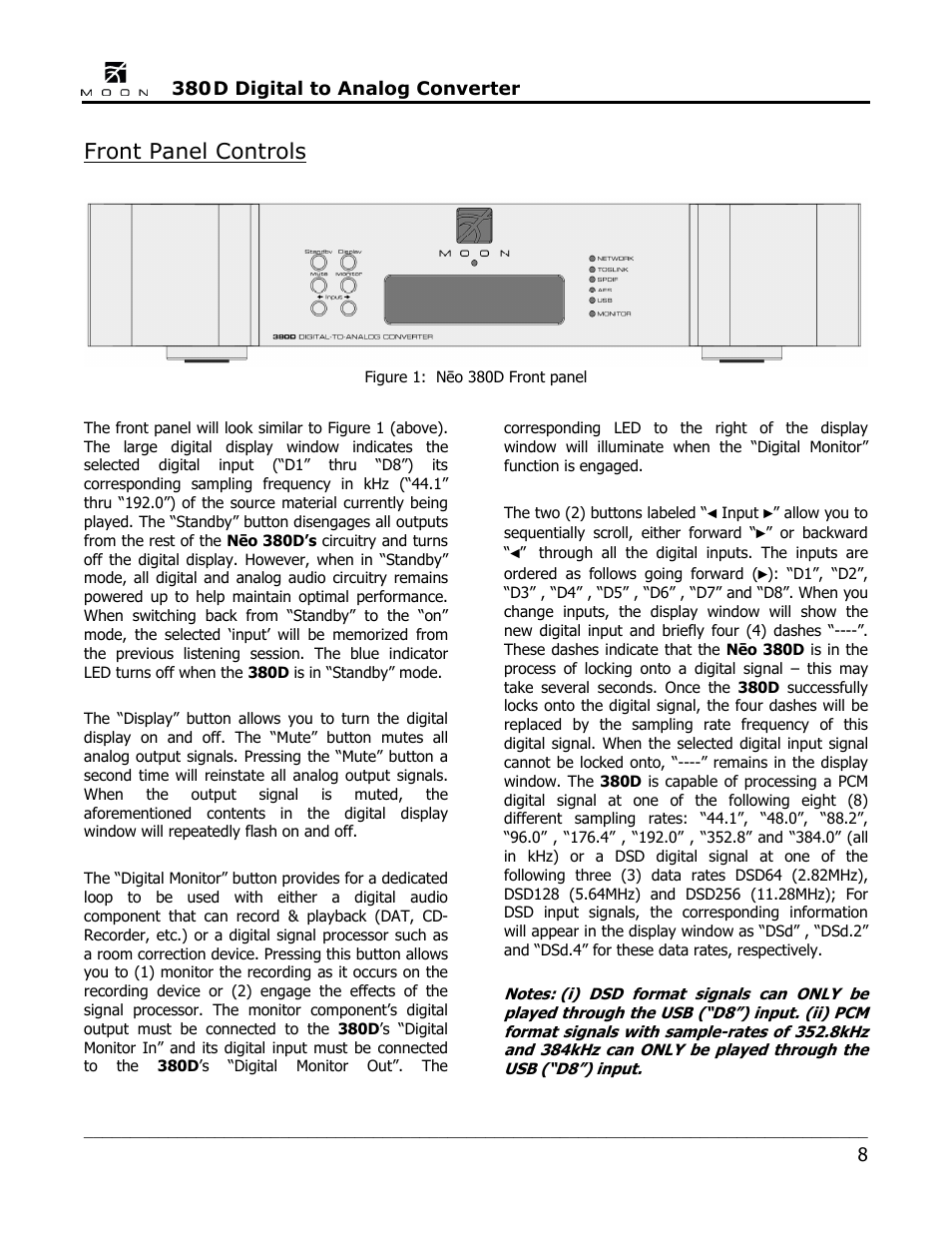Front panel controls | Simaudio Neo 380D DSD DAC User Manual | Page 8 / 16