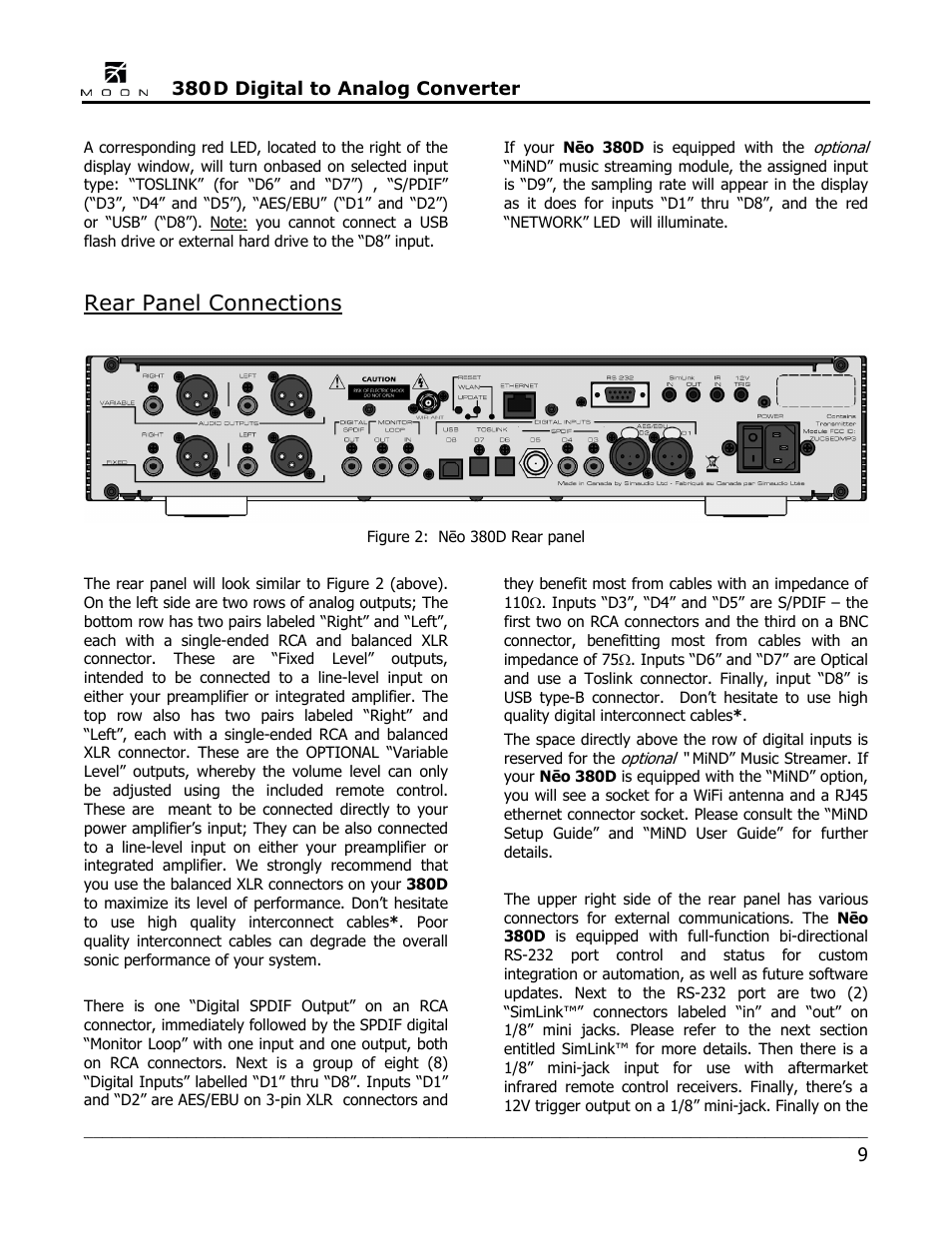 Rear panel connections | Simaudio Neo 380D DSD DAC User Manual | Page 9 / 16