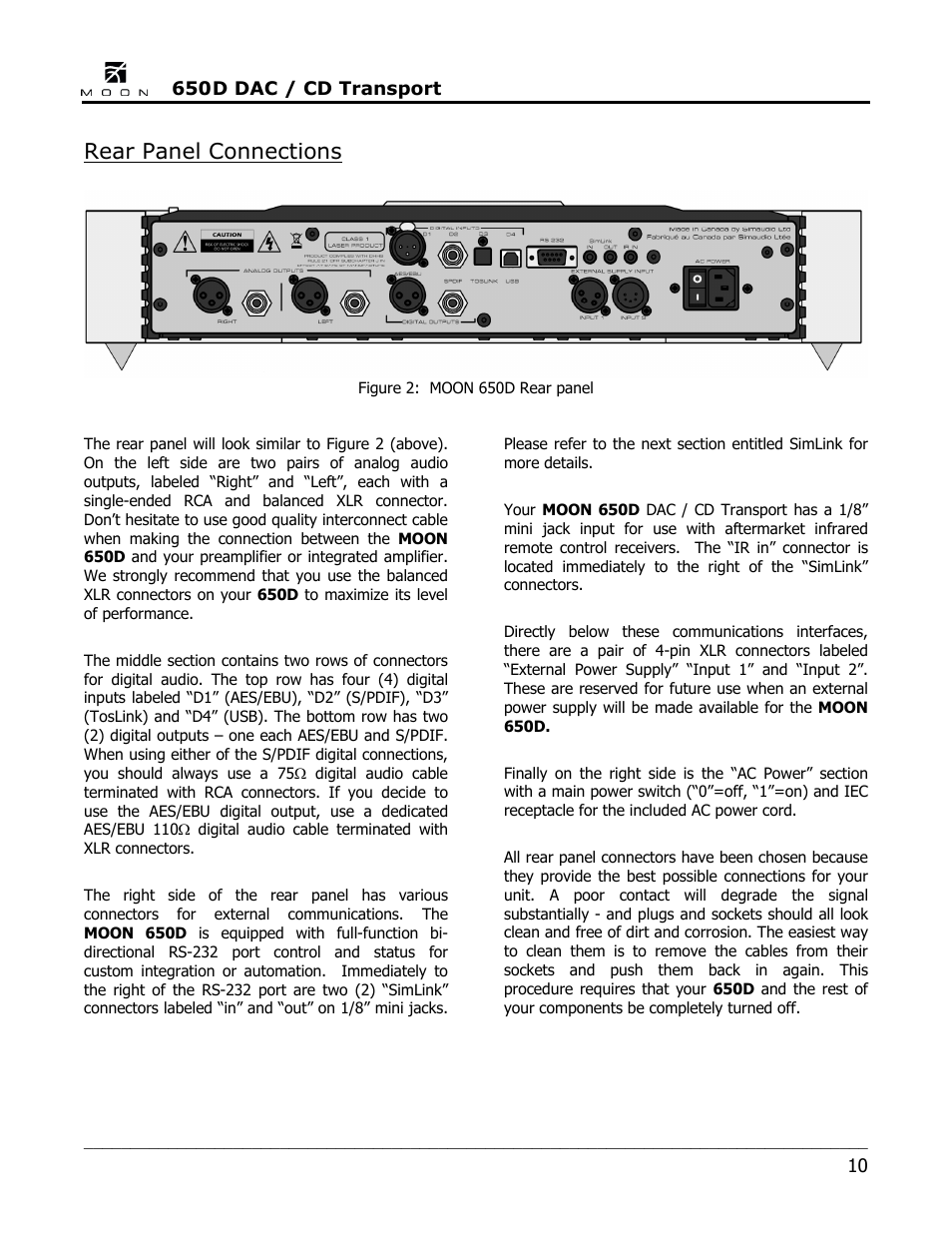 Rear panel connections | Simaudio 650D DAC User Manual | Page 10 / 16