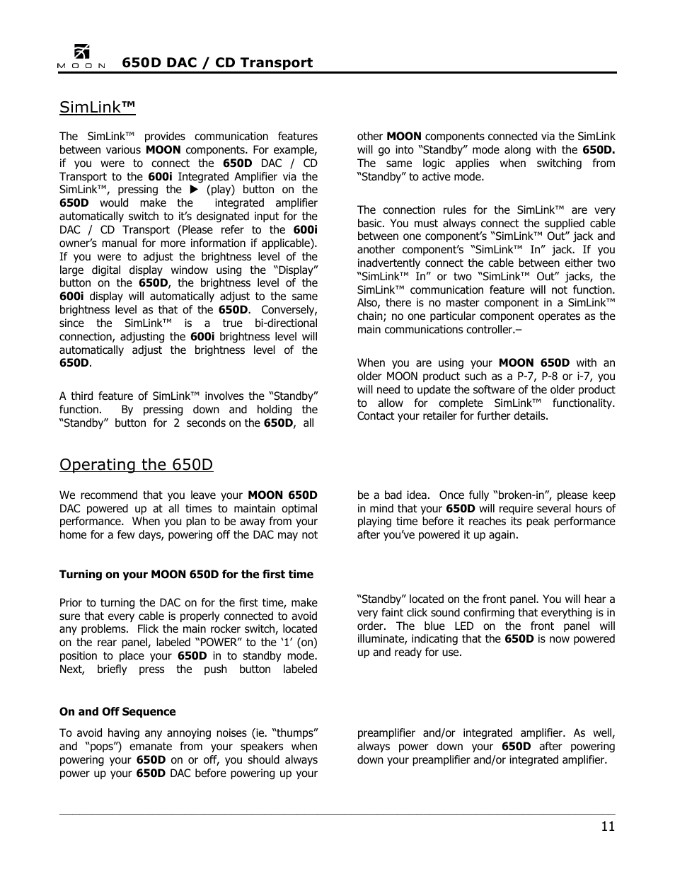 Simlink, Operating the 650d | Simaudio 650D DAC User Manual | Page 11 / 16