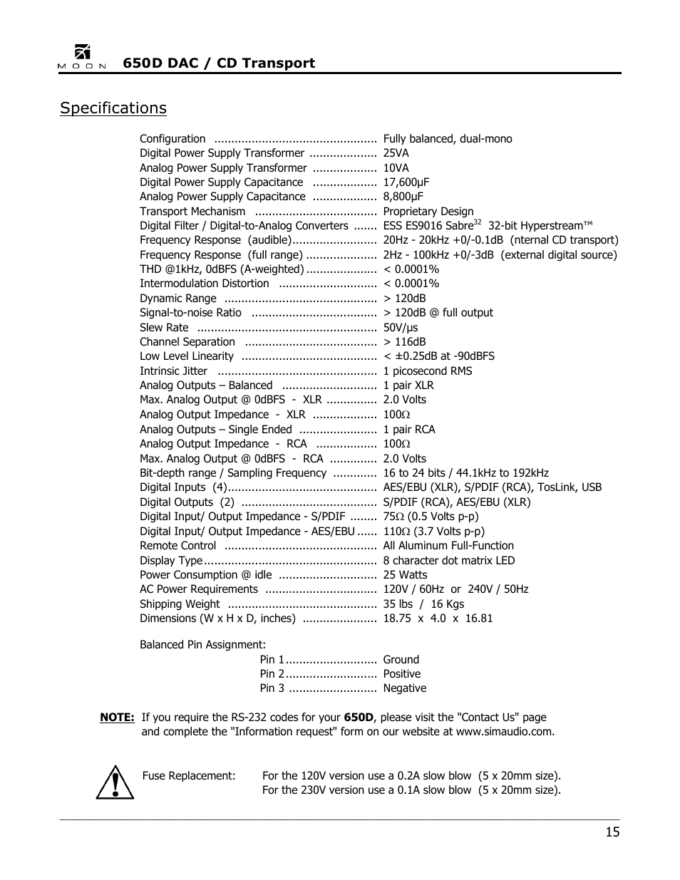 Specifications | Simaudio 650D DAC User Manual | Page 15 / 16