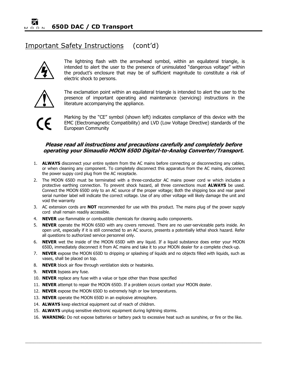 Important safety instructions (cont’d) | Simaudio 650D DAC User Manual | Page 4 / 16