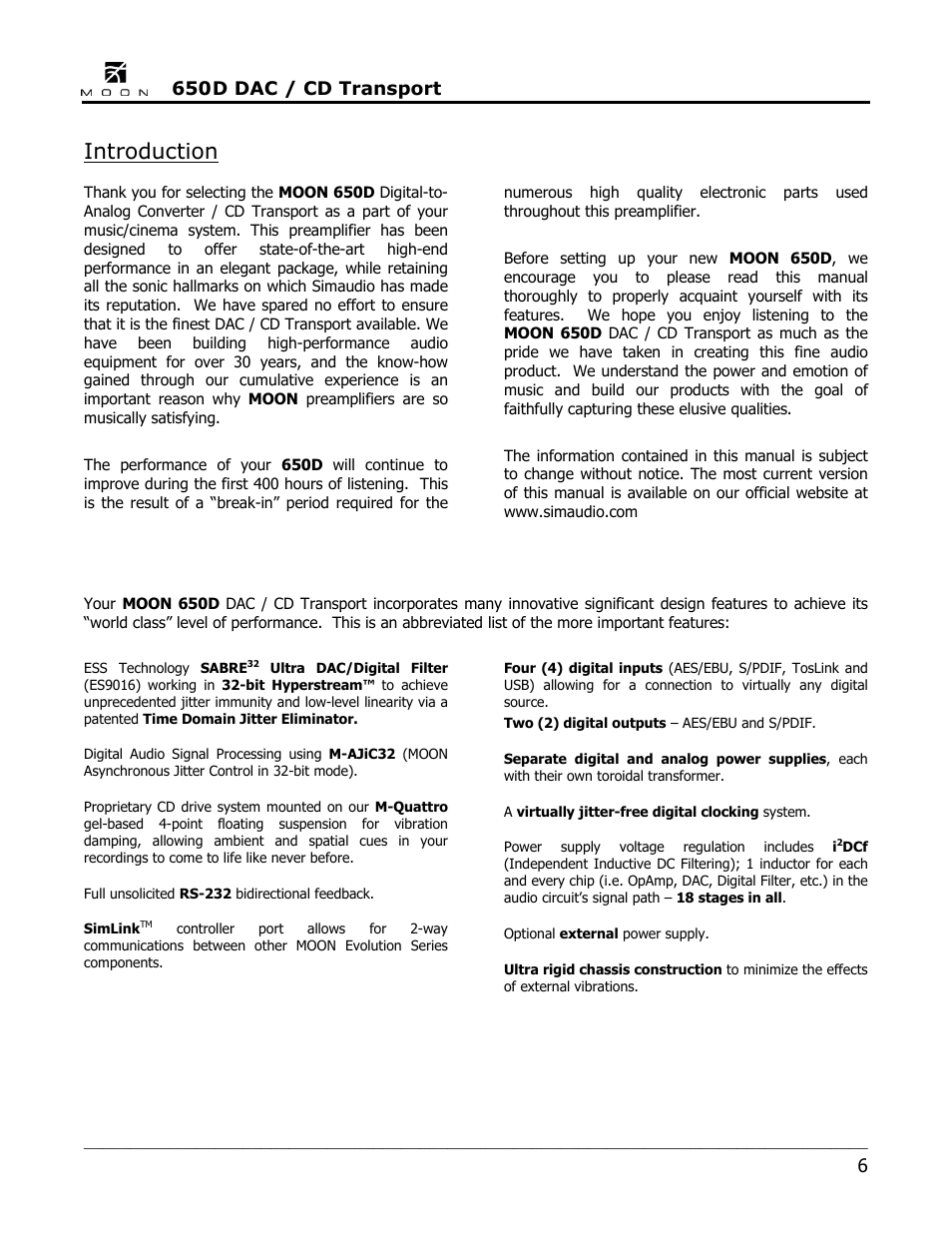 Introduction, D dac / cd transport | Simaudio 650D DAC User Manual | Page 6 / 16
