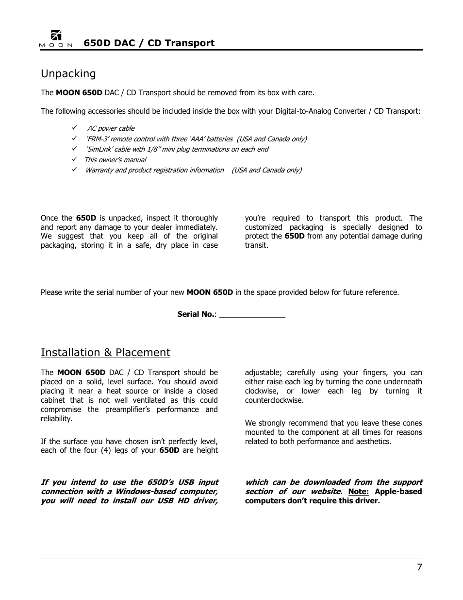 Unpacking, Installation & placement | Simaudio 650D DAC User Manual | Page 7 / 16