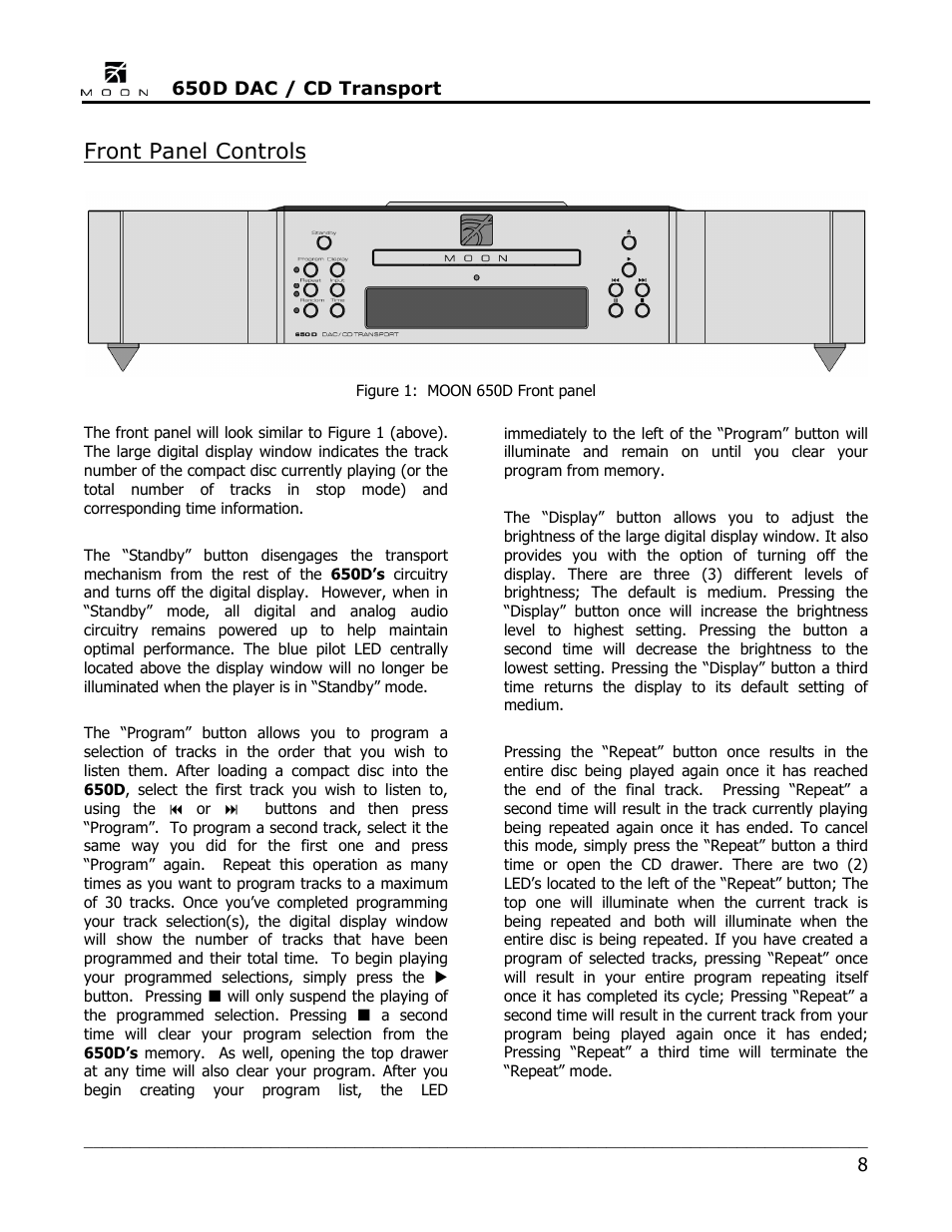 Front panel controls | Simaudio 650D DAC User Manual | Page 8 / 16
