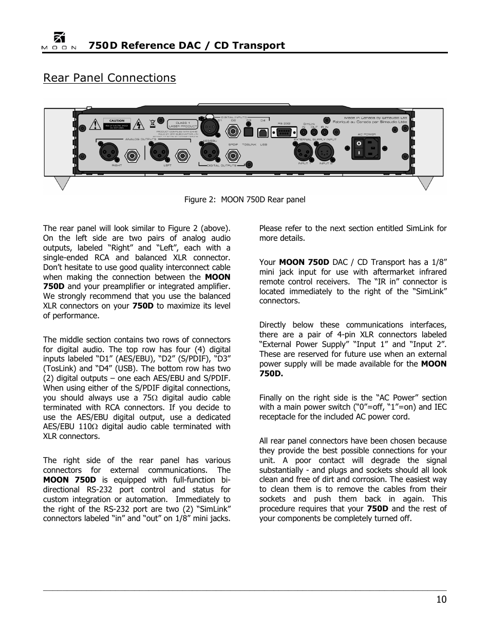 Rear panel connections | Simaudio 750D DAC User Manual | Page 10 / 16