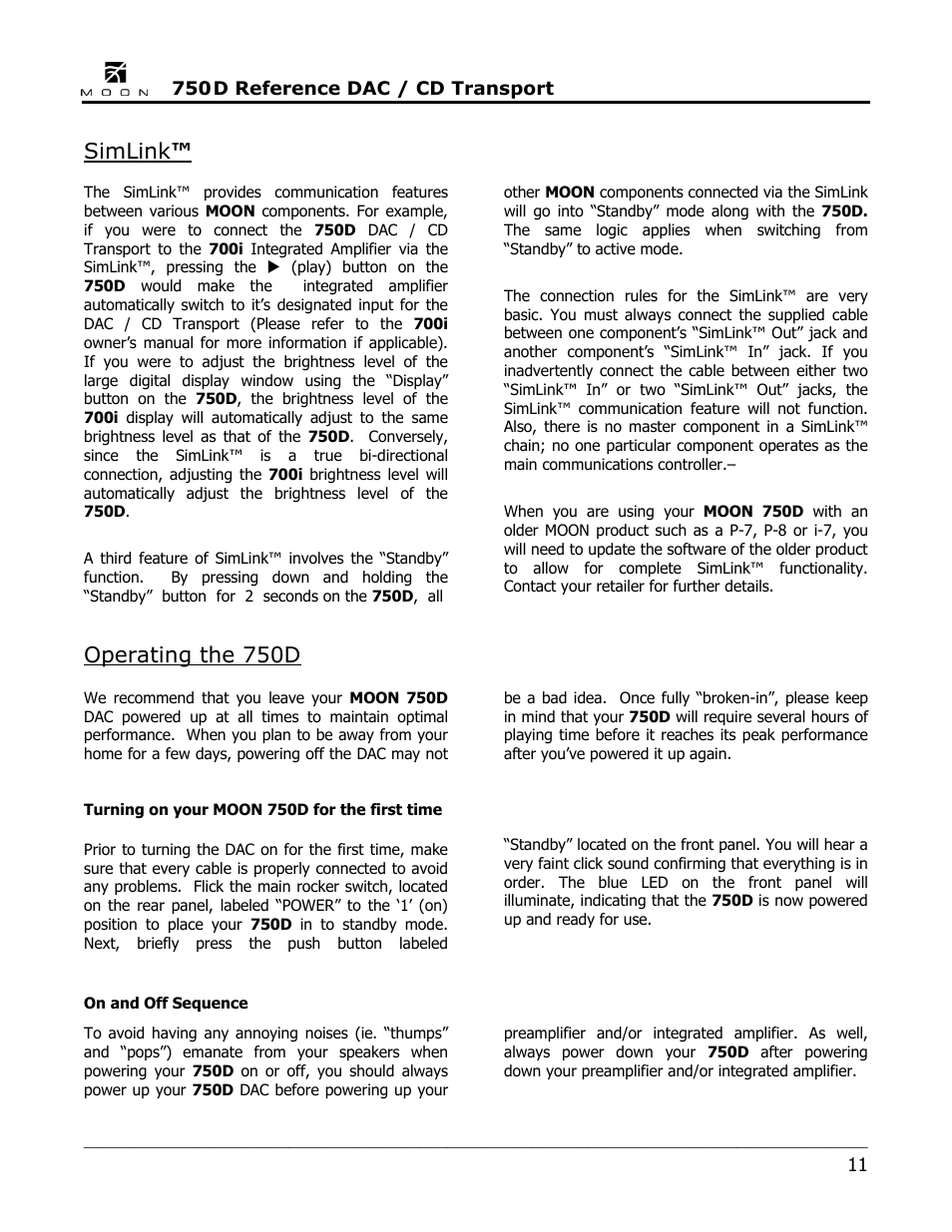 Simlink, Operating the 750d | Simaudio 750D DAC User Manual | Page 11 / 16
