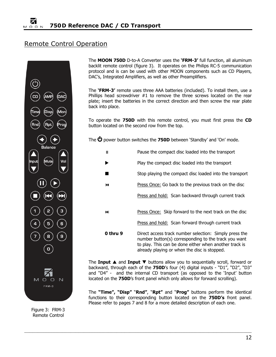 Remote control operation | Simaudio 750D DAC User Manual | Page 12 / 16