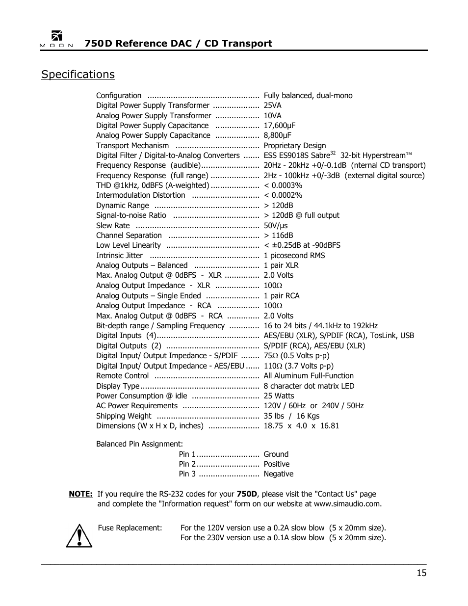 Specifications | Simaudio 750D DAC User Manual | Page 15 / 16