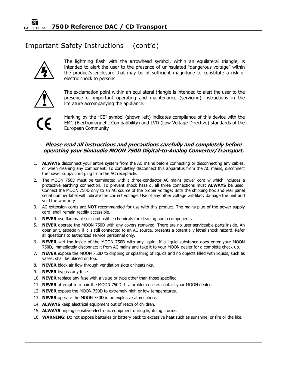 Important safety instructions (cont’d) | Simaudio 750D DAC User Manual | Page 4 / 16