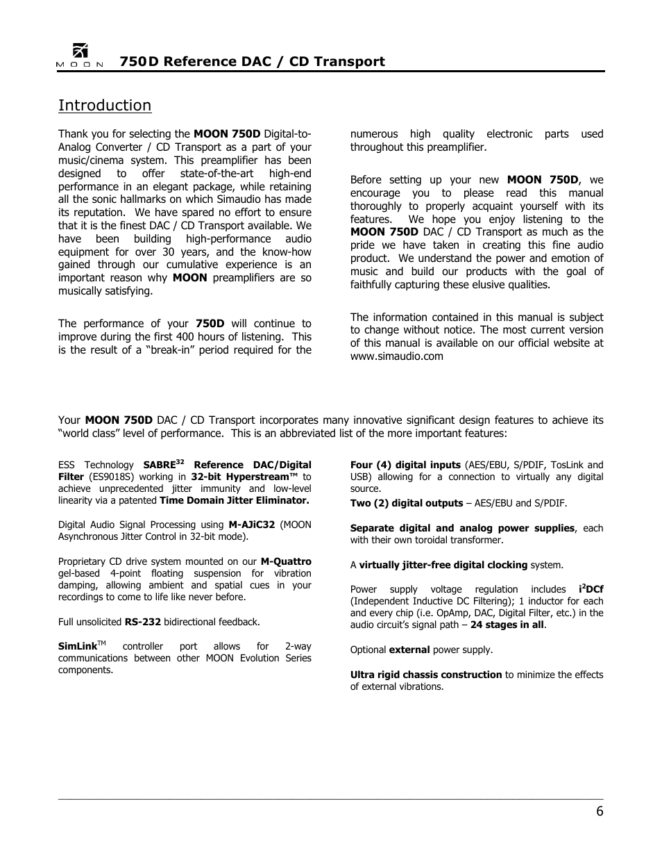 Introduction, D reference dac / cd transport | Simaudio 750D DAC User Manual | Page 6 / 16