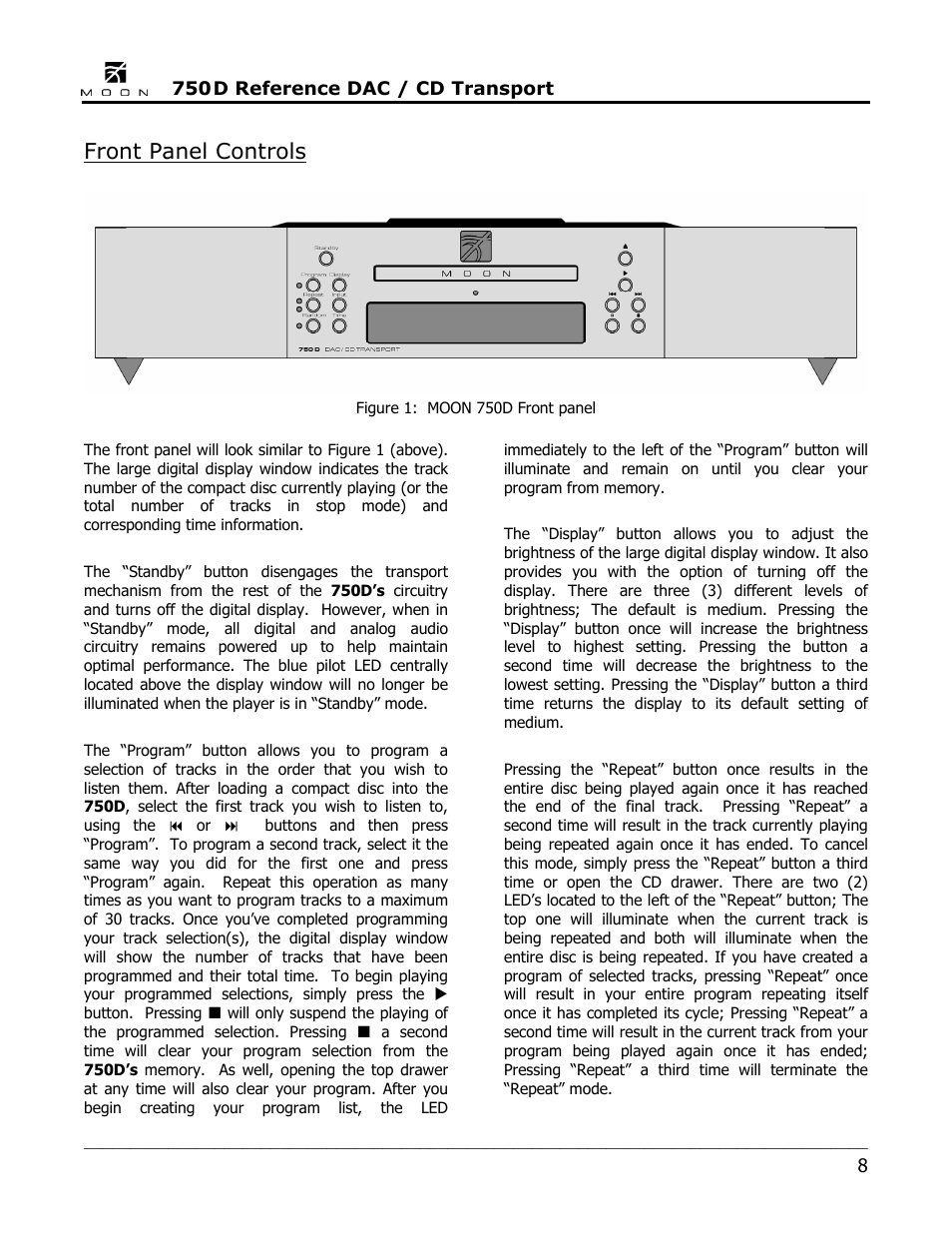 Front panel controls | Simaudio 750D DAC User Manual | Page 8 / 16