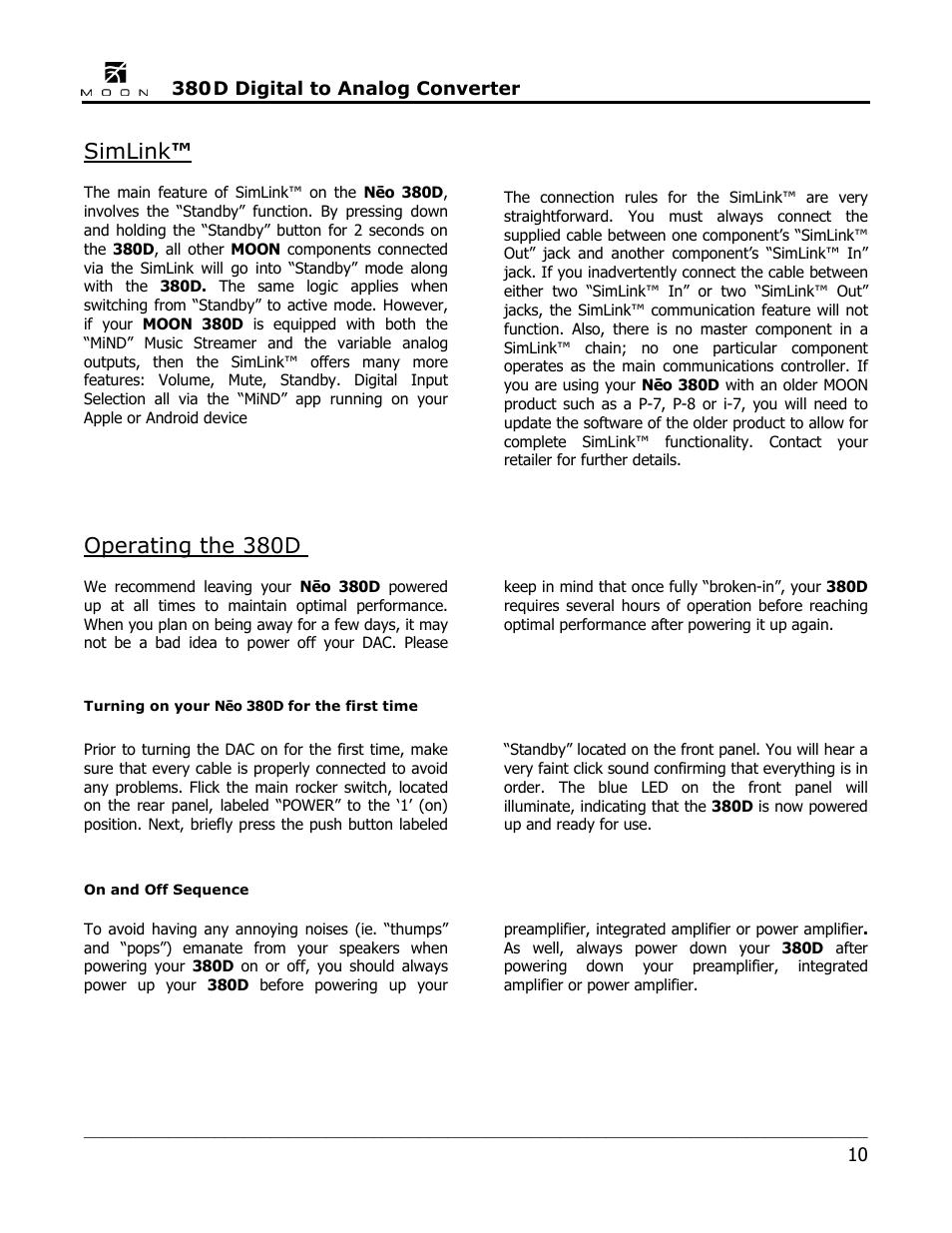 Simlink, Operating the 380d | Simaudio Neo 380D DAC User Manual | Page 10 / 16