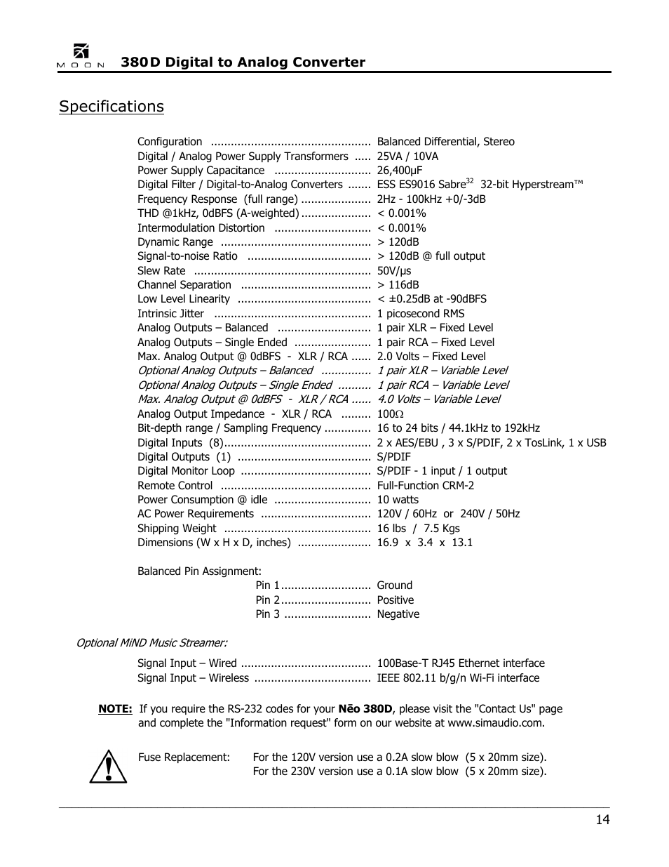 Specifications | Simaudio Neo 380D DAC User Manual | Page 14 / 16