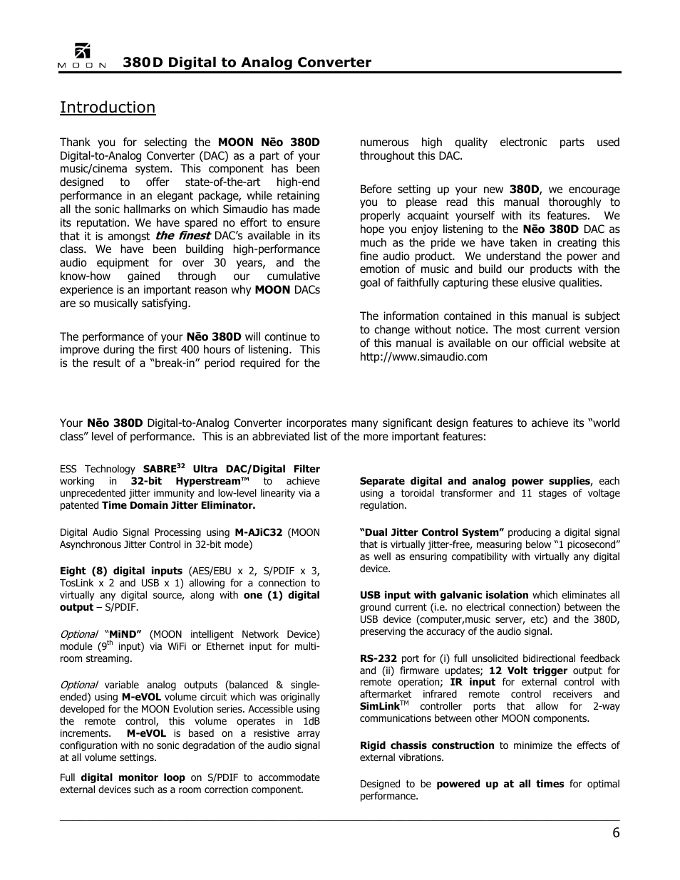 Introduction, D digital to analog converter | Simaudio Neo 380D DAC User Manual | Page 6 / 16