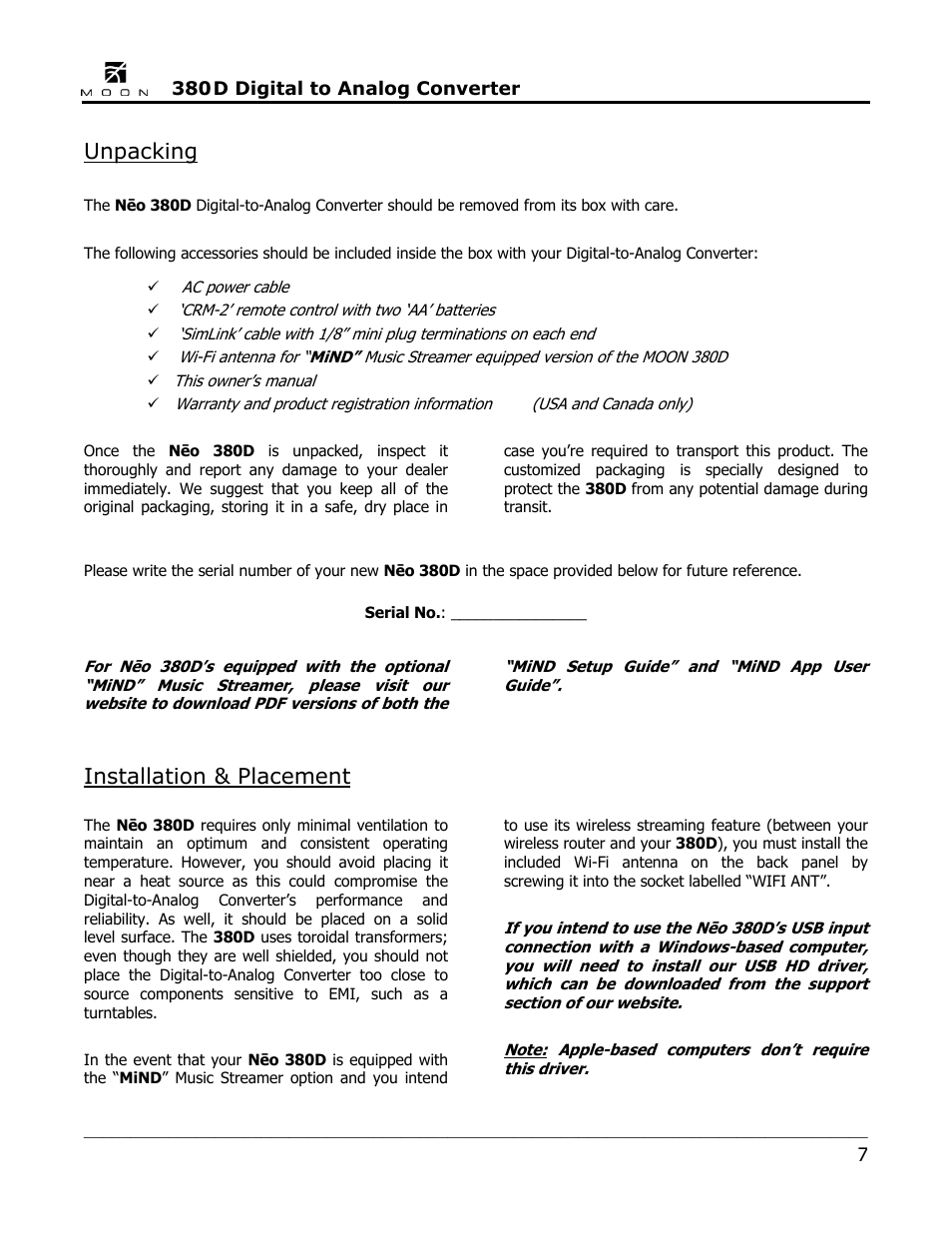 Unpacking, Installation & placement | Simaudio Neo 380D DAC User Manual | Page 7 / 16