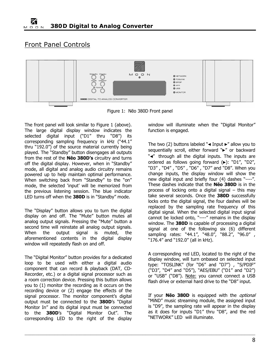 Front panel controls | Simaudio Neo 380D DAC User Manual | Page 8 / 16