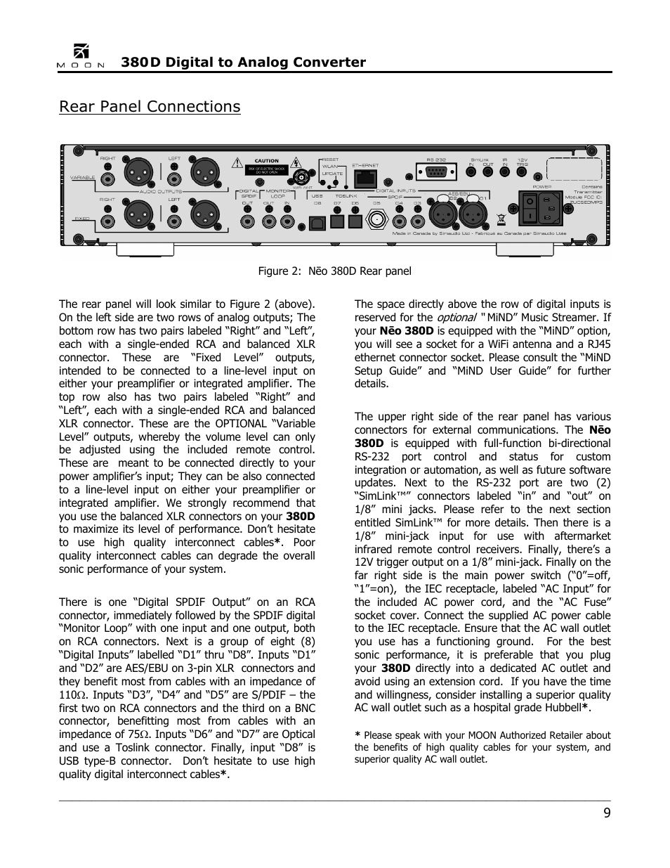 Rear panel connections | Simaudio Neo 380D DAC User Manual | Page 9 / 16