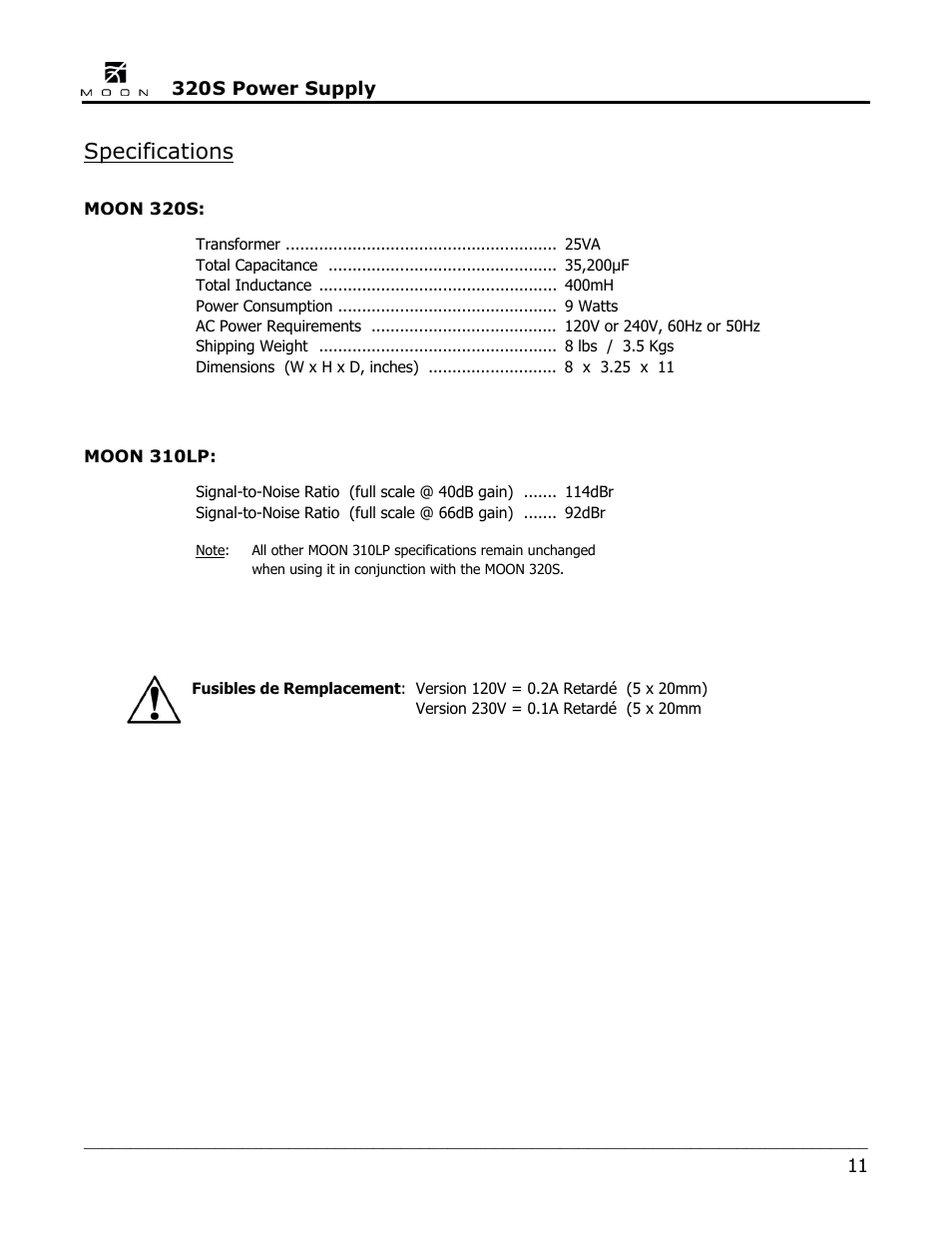 Specifications | Simaudio 320S Power Supply User Manual | Page 11 / 12